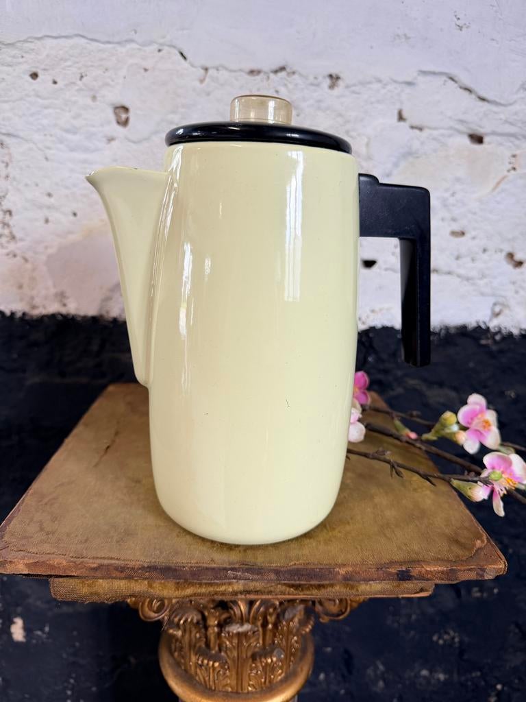 Emaille vintage koffiepot creme/geel met zwart deksel, Ophalen of Verzenden