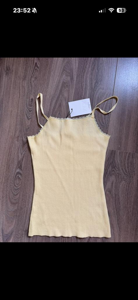 Nieuwe Zara gele ribgebreide camisole top met kant, Geel, Nieuw, Ophalen of Verzenden, Maat 36 (S)