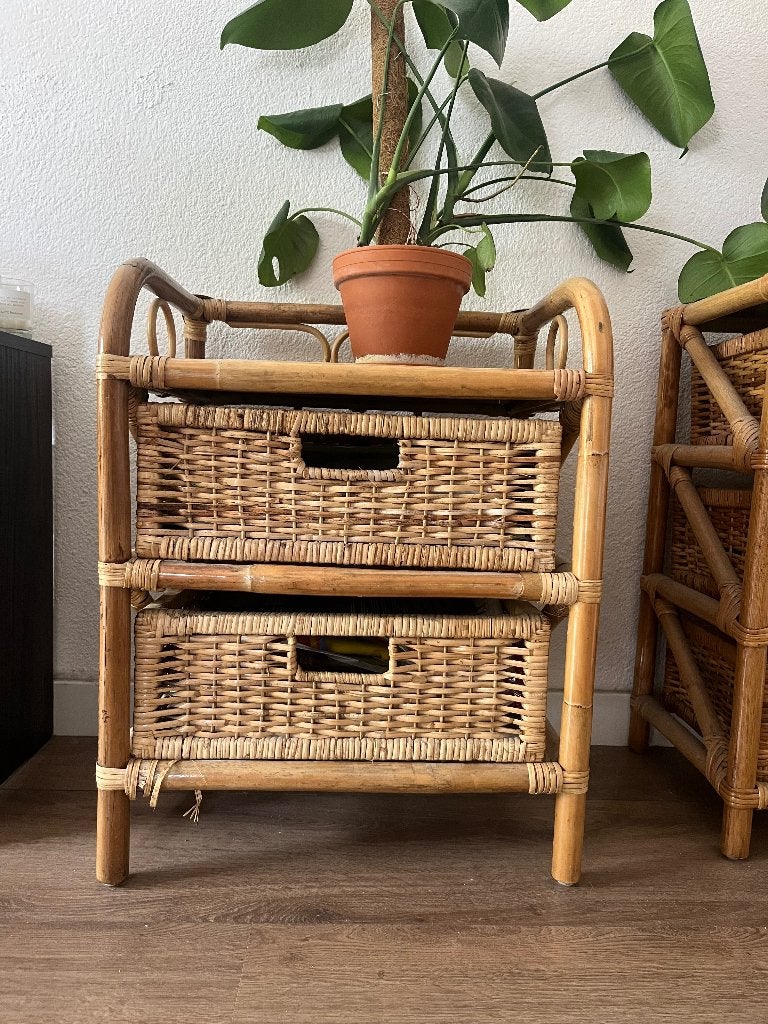 Rotan nachtkastje met twee rieten manden, Ophalen, Minder dan 50 cm, Gebruikt, Overige materialen