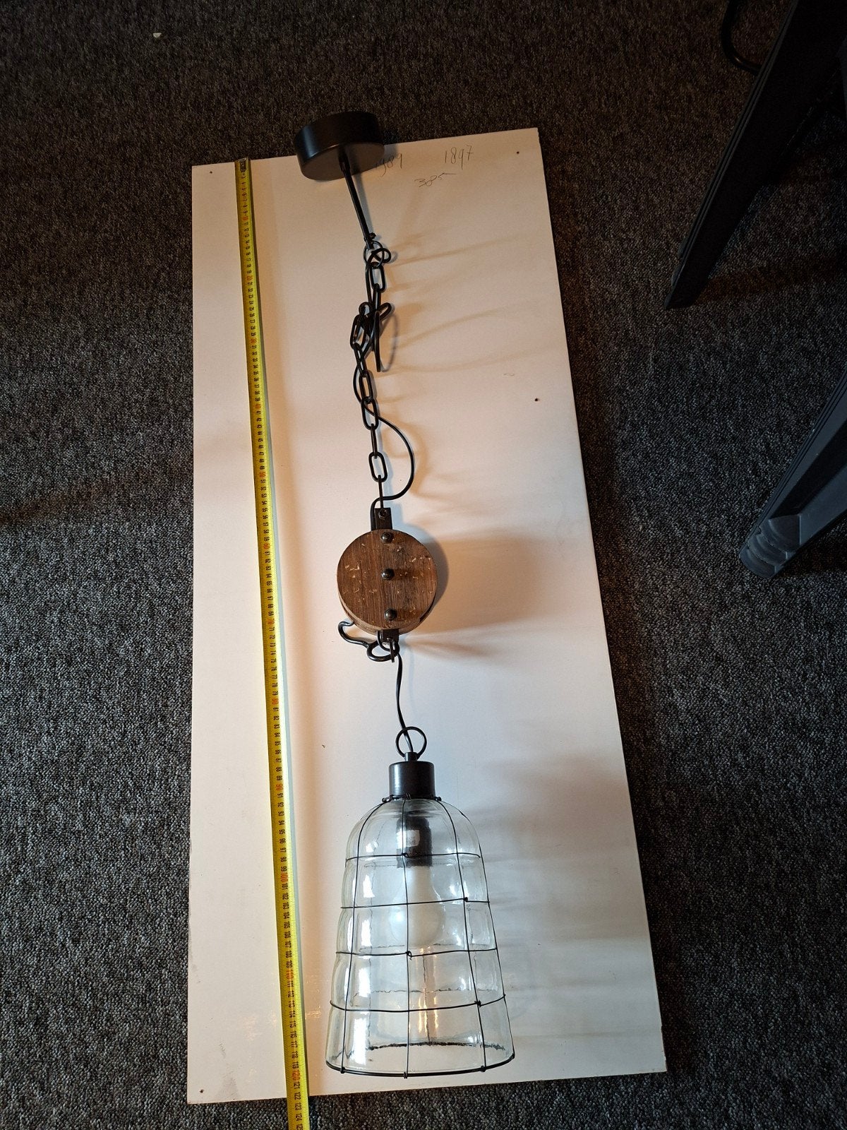 3x Industriële Hanglamp met Katrol en Glazen Kap, Ophalen, Gebruikt, E27 (groot), Glas