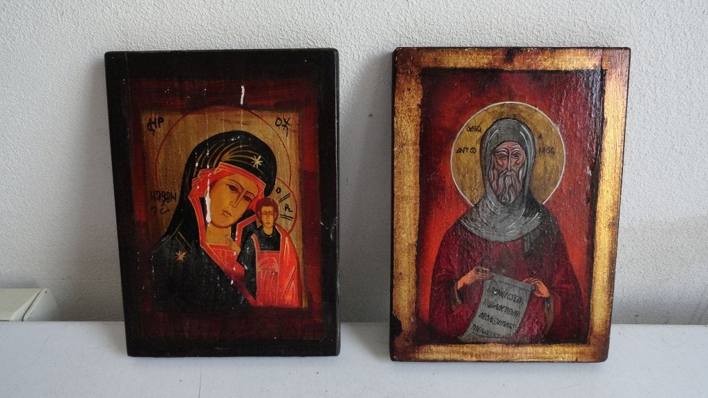 Iconen, 2 handgeschilderd Grieks-orthodoxe, gecertificeerd, Antiek en Kunst, Antiek | Religie, Ophalen of Verzenden