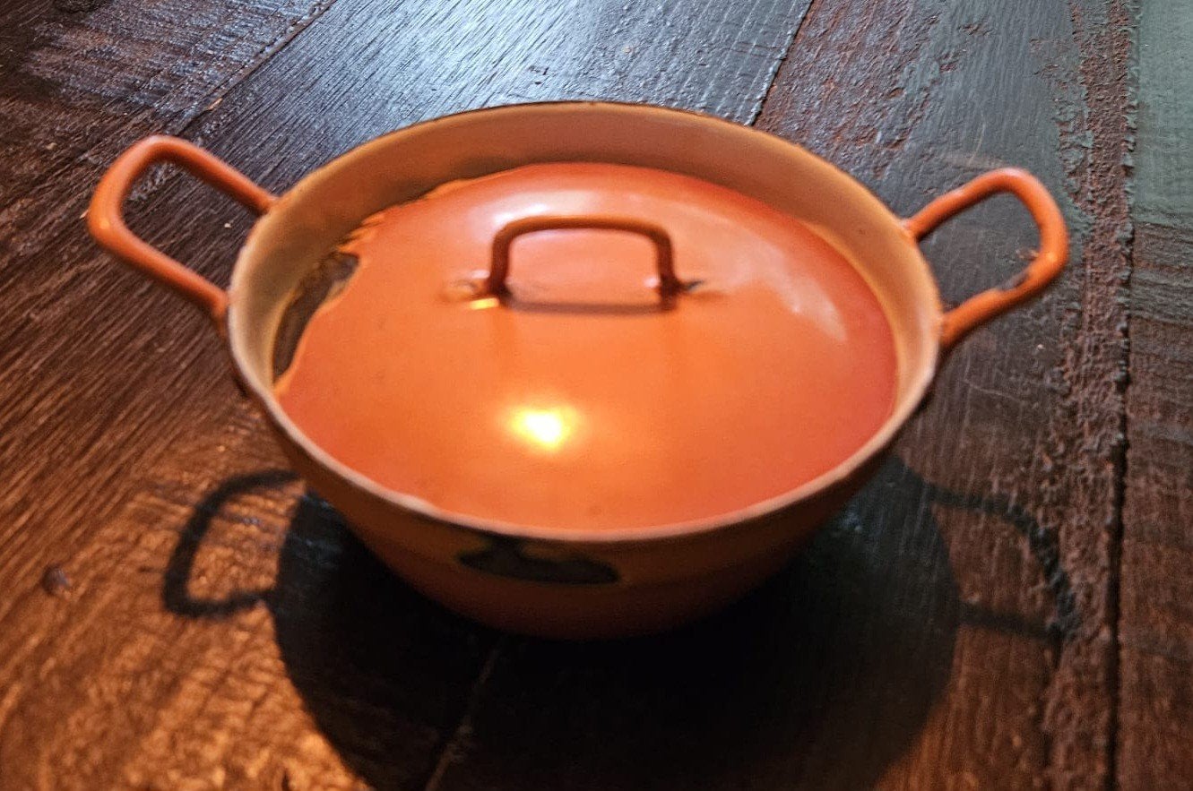 Vintage Oranje Emaille Pan met Deksel, Ophalen of Verzenden