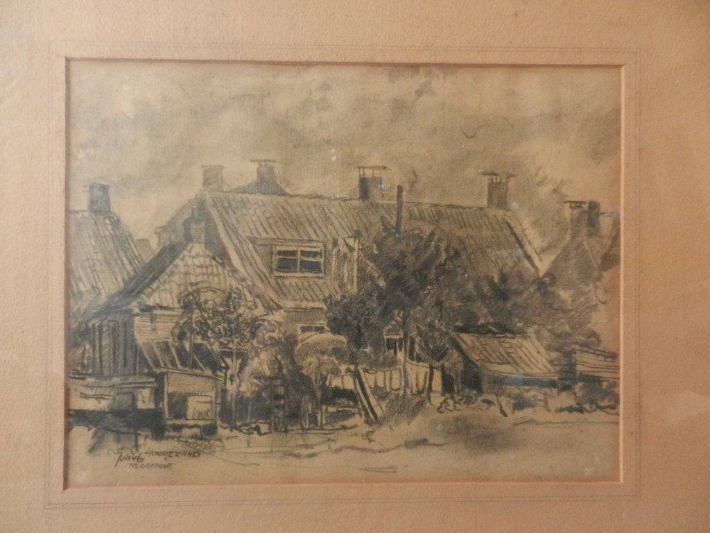 Krijttekening Huizen in Hoogezand Poppe Damave 1946 22x29 cm, Ophalen of Verzenden, Tekening, Krijttekening, Gesigneerd