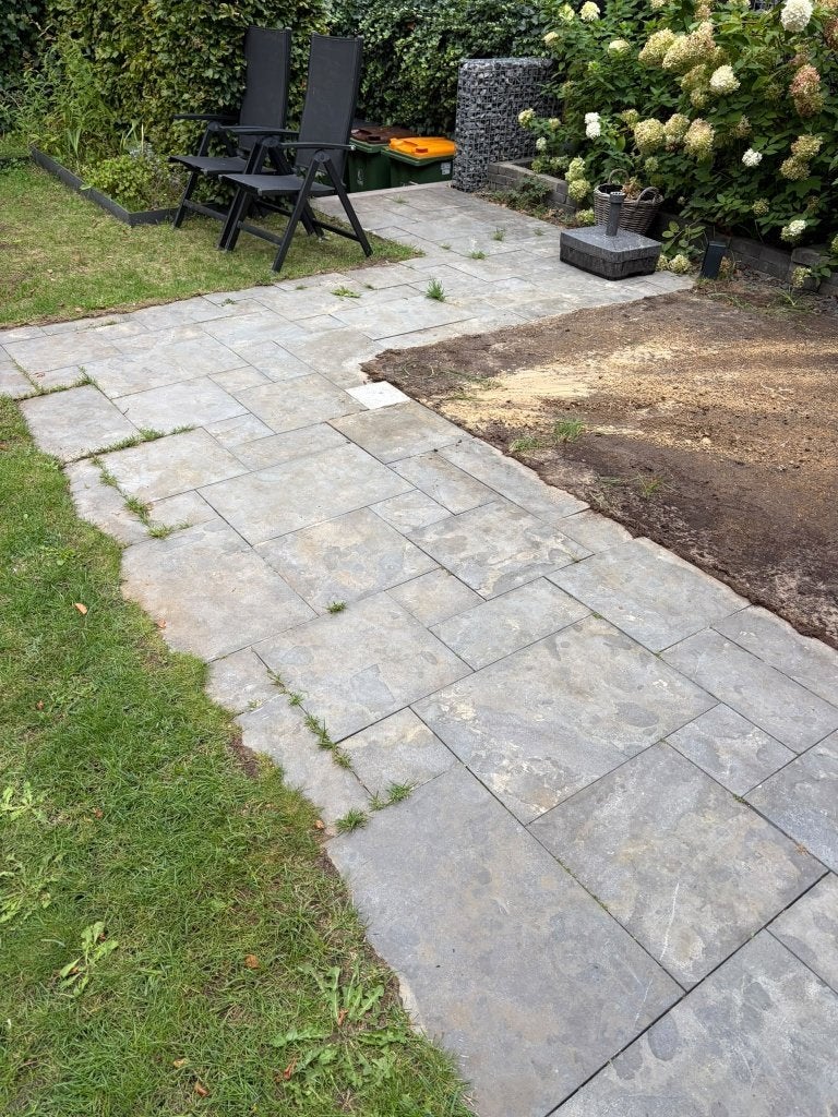 grijze terrastegels/ wildverband - goedkoop afhalen, Ophalen, Gebruikt, 10 m² of meer, Beton
