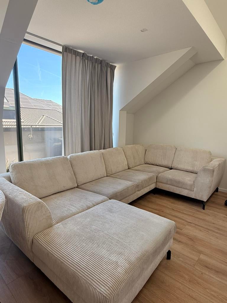Hoekbank Beige Ribstof - U bank -, Huis en Inrichting, Banken | Complete zithoeken, Ophalen of Verzenden, Zo goed als nieuw
