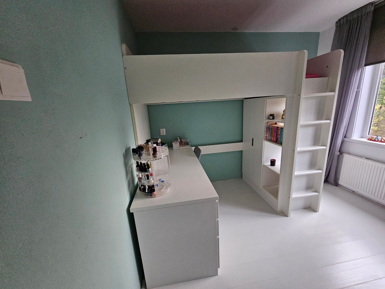 Ikea Hoogslaper met bureau en kast (Stuva) - Wit 90 x 200, Ophalen, Gebruikt, Eenpersoons, 200 cm