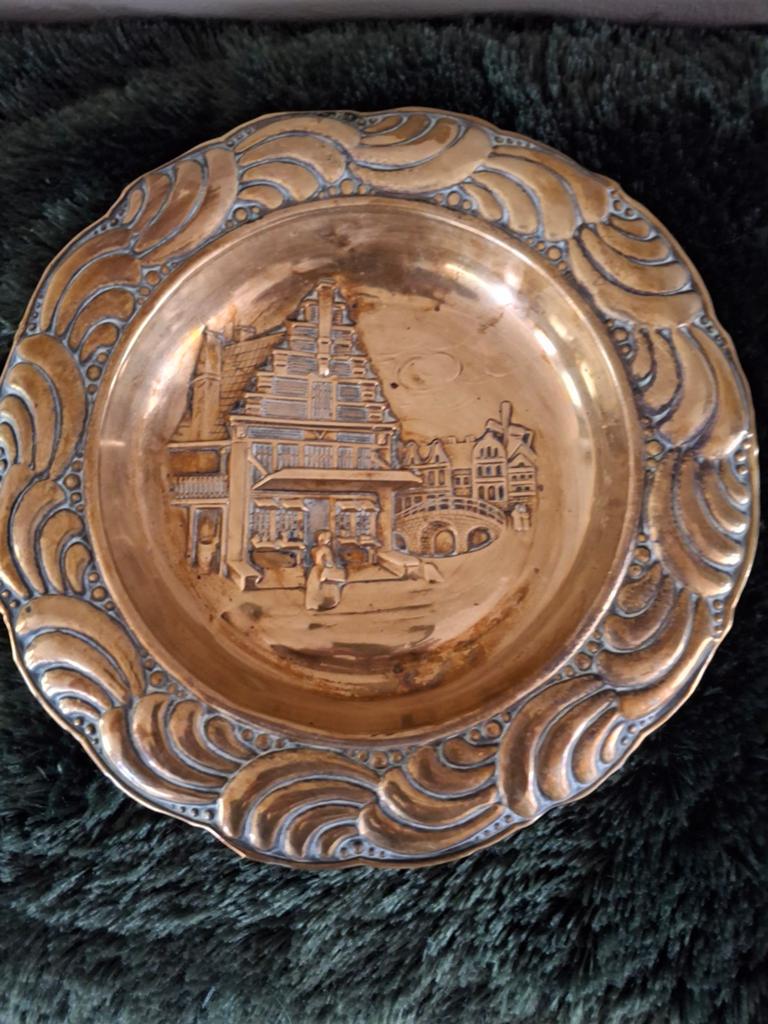 Decoratieve Koperen Wandplaat met Stadsgezicht, Ophalen of Verzenden, Koper