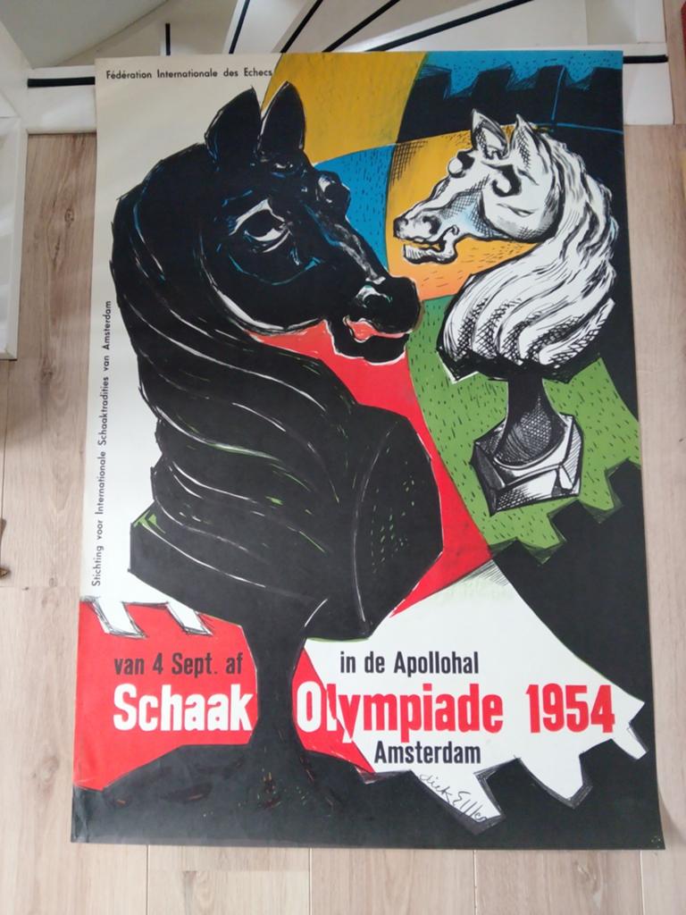 Vintage Schaak Olympiade 1954 Amsterdam Poster Dick Elffers, Ophalen of Verzenden, A1 t/m A3, Reclame, Rechthoekig Staand