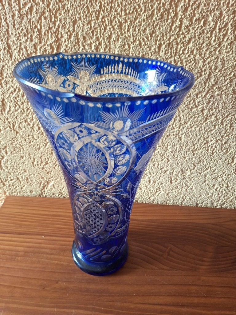 Boheems geslepen kobaltblauwe kristallen vaas, Antiek en Kunst, Antiek | Glas en Kristal, Ophalen