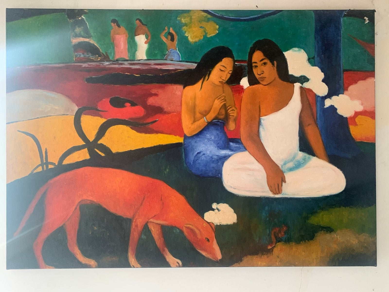 Gauguin reproductie: Waar komen wij vandaan?, Ophalen, Figuren, Print, Op houten frame