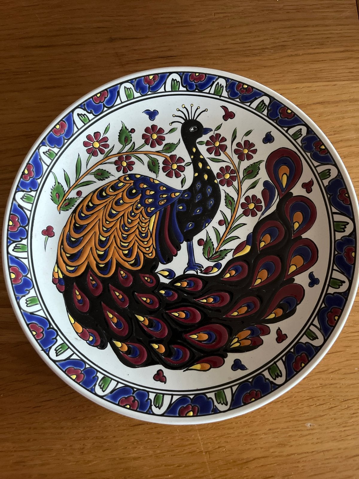 Handgemaakte decoratieve pauw schaal - 24 cm doorsnee, Antiek en Kunst, Ophalen of Verzenden