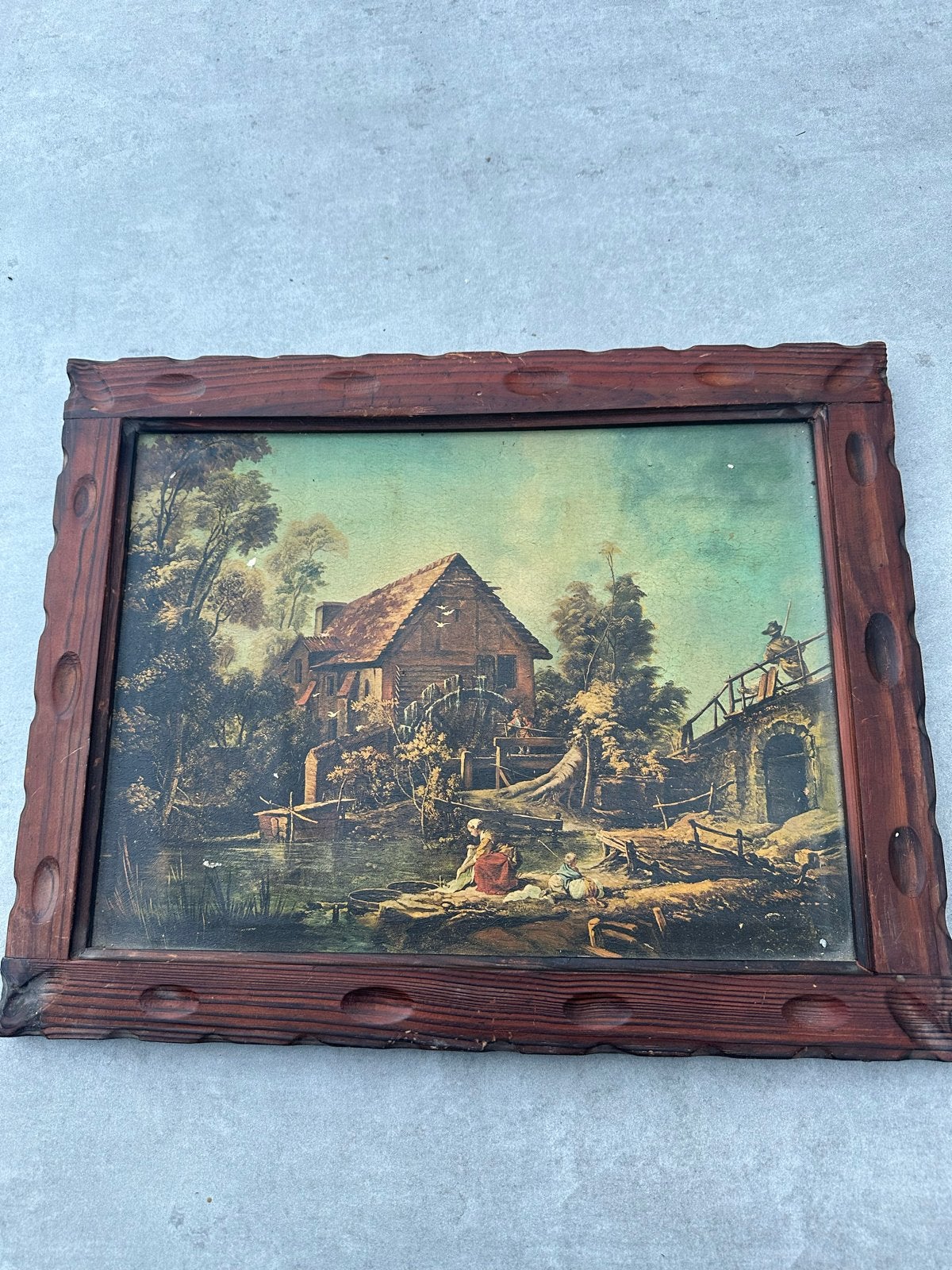 Vintage Schilderij Watermolen Houten Lijst, Ophalen of Verzenden
