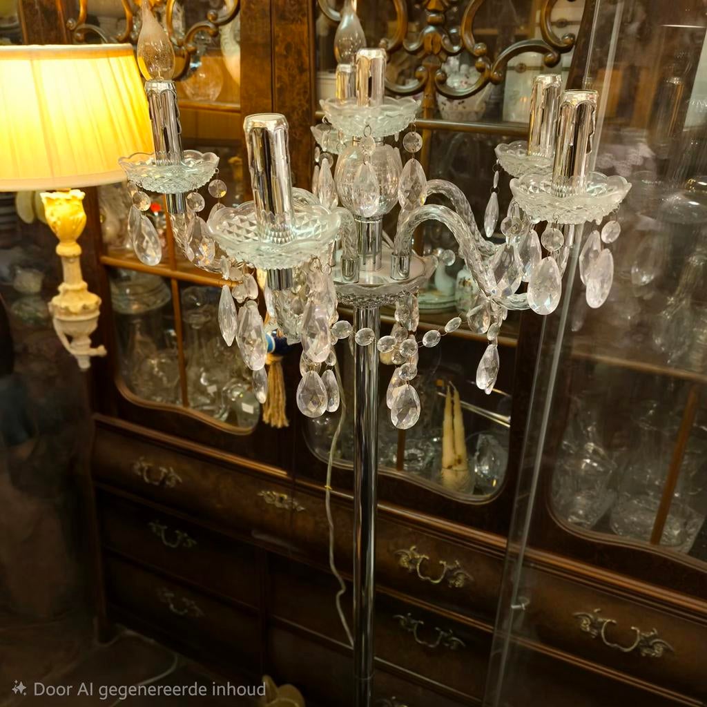 Elegante Kristallen Staande 6/arms kroonluchter, Antiek en Kunst, Antiek | Lampen, Ophalen of Verzenden