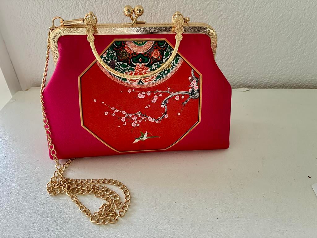 Roze met rood handtasje uit China, wellicht van zijde, Ophalen of Verzenden, Nieuw, Roze, Handtas
