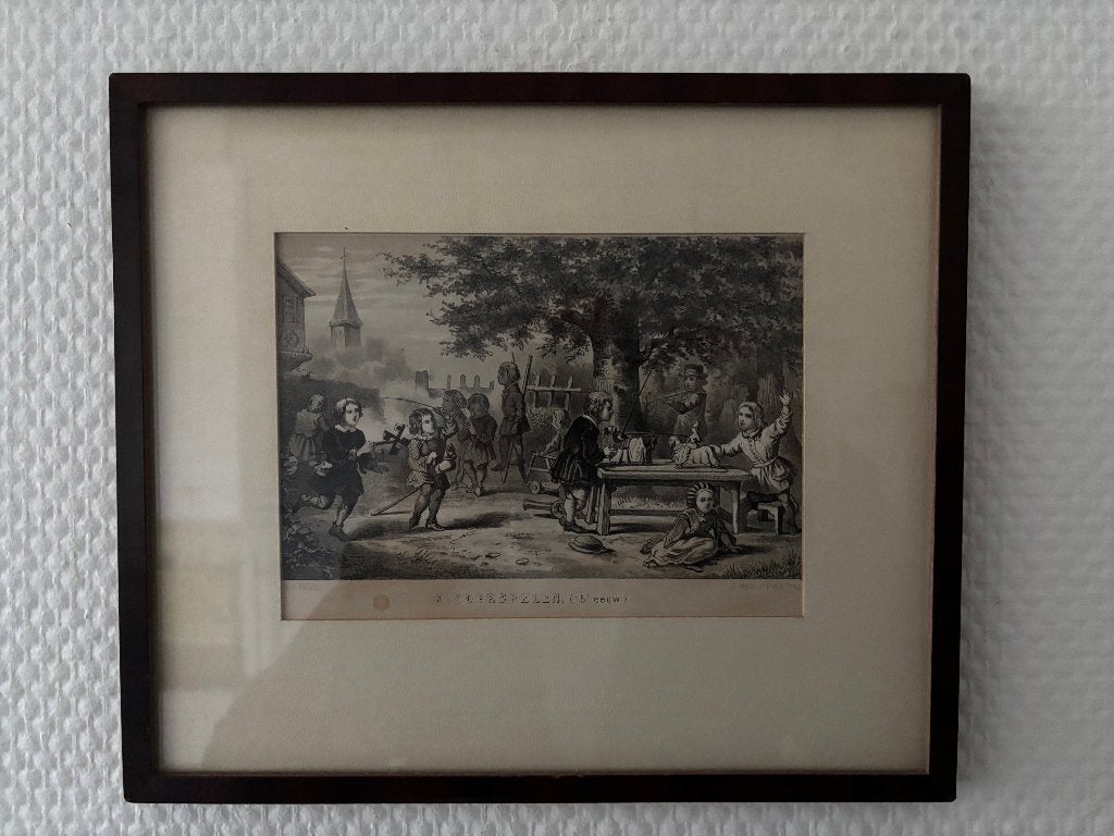Antieke litho van kinderspelen in de15e eeuw in lijst. 1865., Antiek en Kunst, Kunst | Litho's en Zeefdrukken, Portret en Figuren