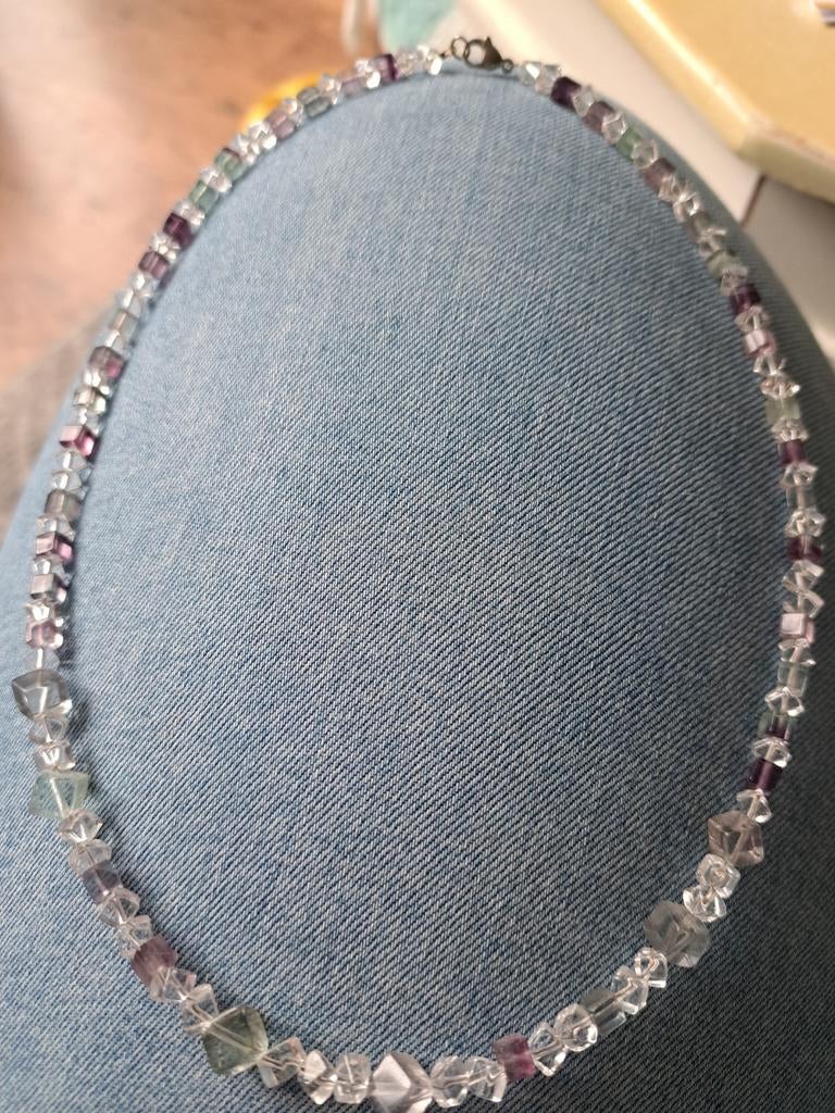 Ketting bergkristal met fluoriet slotje echt zilver, Ophalen of Verzenden, Zo goed als nieuw, Zilver, Zilver