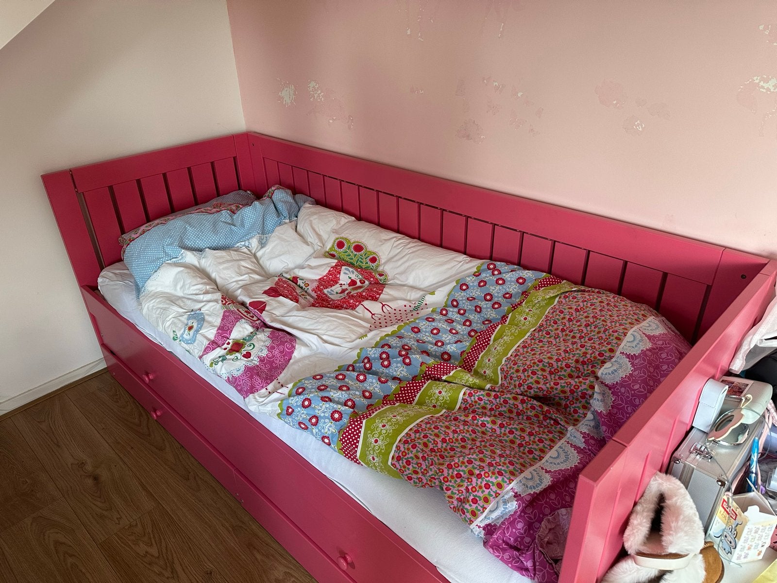 Roze bed 205x84 cm met 2 lades en logeerdeel, Ophalen, Gebruikt, 80 cm, 200 cm