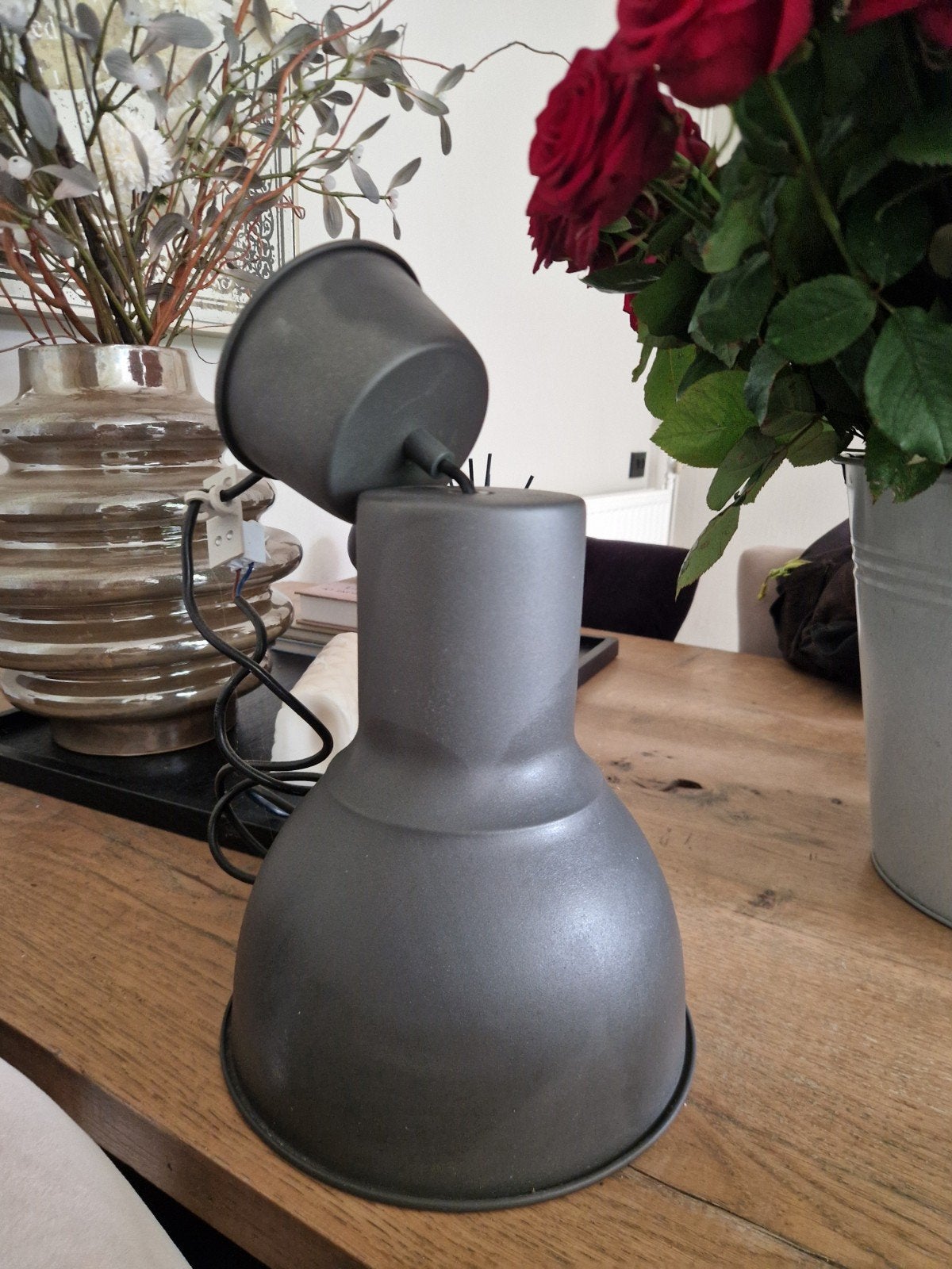 Mooie grijze hanglamp - industrieel design, Gebruikt, Metaal, Industrieel, E27 (groot)