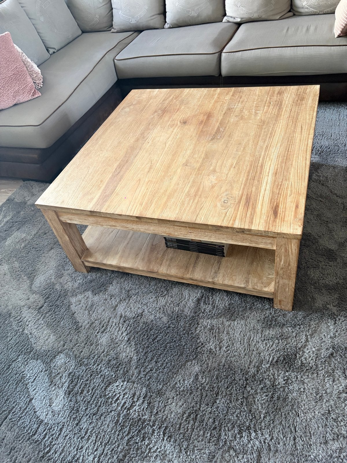 Houten salontafel 100x100 cm met opbergplank, Ophalen, Gebruikt, Vierkant, 50 tot 100 cm