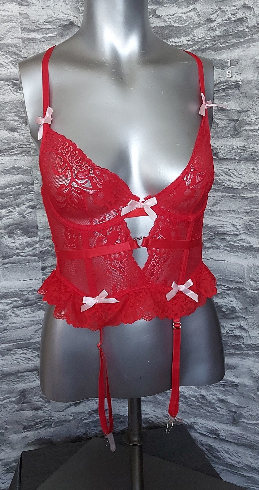 Rood Kanten korset met Roze Strikjes en jarretelles, Onbekend, Ophalen of Verzenden, Rood, Body of Korset