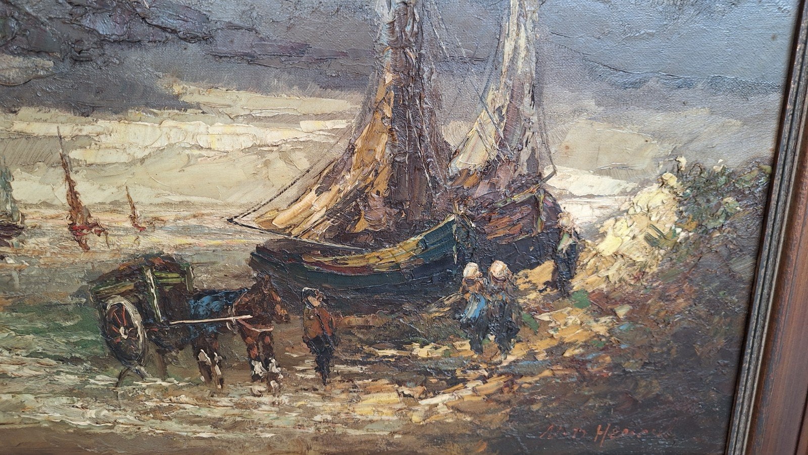 Schilderij Maritiem Gezicht - Gesigneerd N.D. Henry, Antiek en Kunst, Maritiem / water, Doek, Ophalen of Verzenden, Gesigneerd