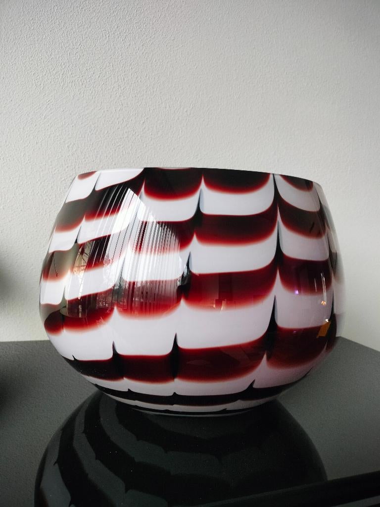 Murano Glas Vaas Schaal Zebra Bordeaux Rood Wit, Ophalen of Verzenden
