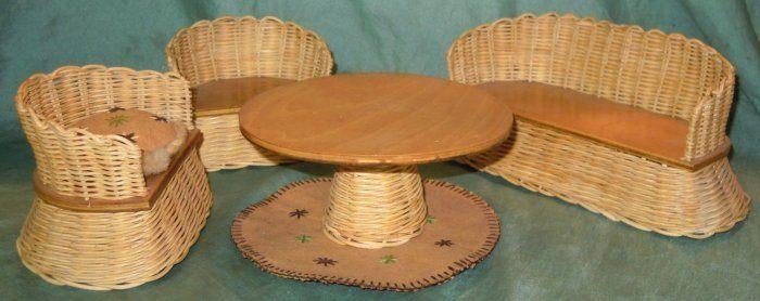 Vintage Poppen meubeltjes hout en riet. - ca.1960, Antiek en Kunst, Antiek | Speelgoed, Ophalen of Verzenden