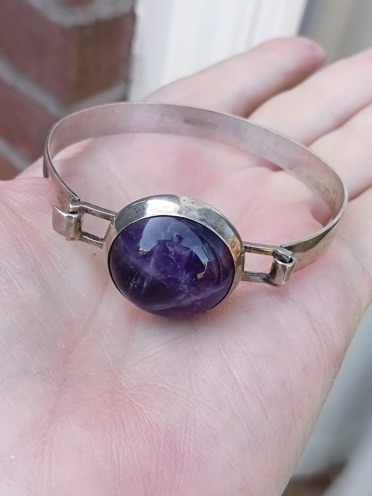 mooie zilveren armband uit Scandinavie met grote amethist, Sieraden, Tassen en Uiterlijk, Antieke sieraden, Ophalen of Verzenden