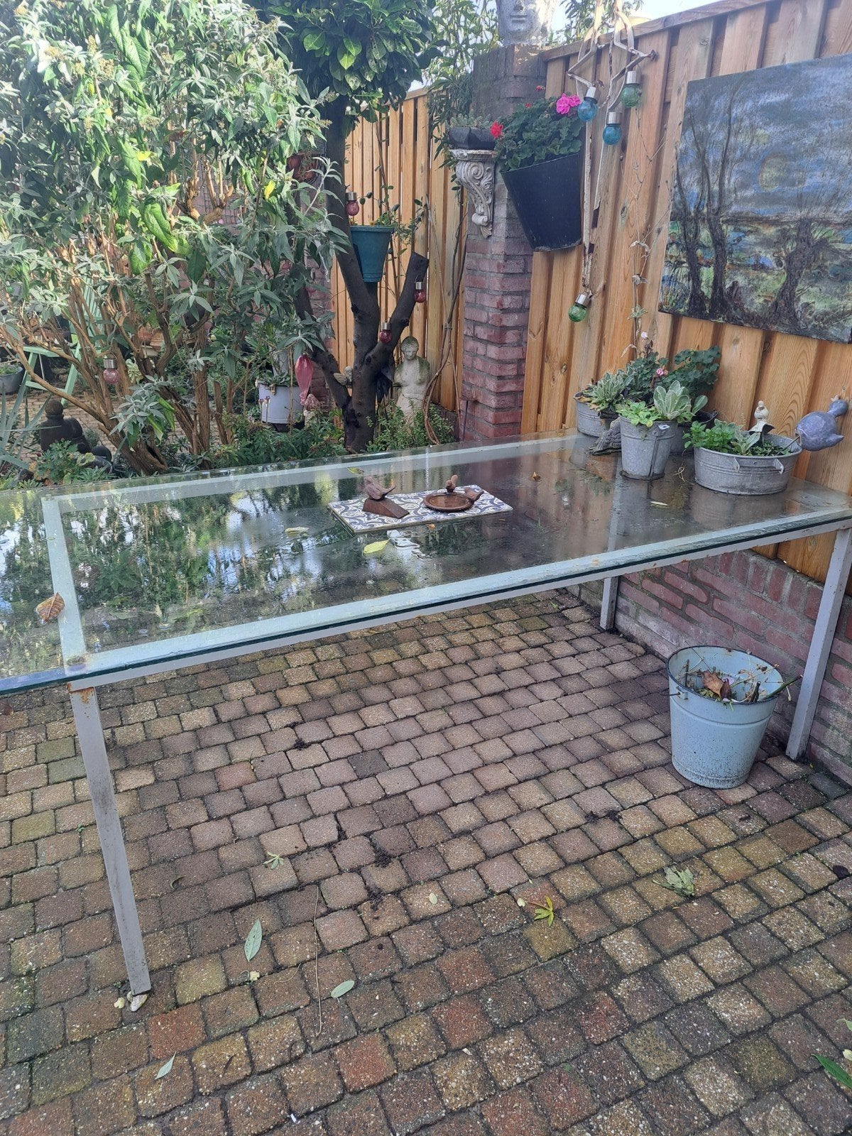 Glazen tuintafel 2x1 meter, gebruikt gratis, Ophalen, Gebruikt, Rechthoekig, Overige materialen