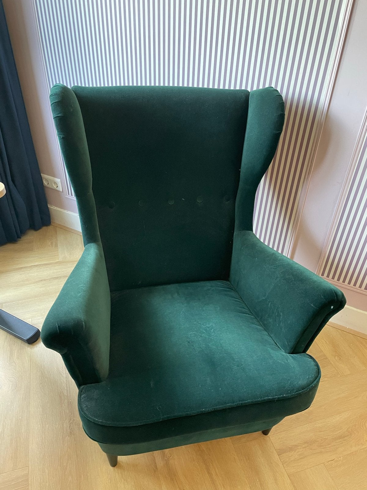 Strandmon Ikea Donkergroene fauteuil,fluweel, Huis en Inrichting, Fauteuils, Ophalen, 75 tot 100 cm, Zo goed als nieuw, Stof