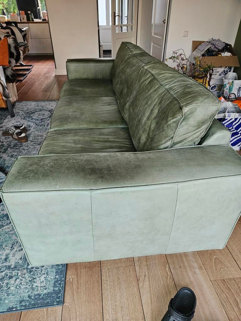 Groene leren bank. 4 zits, Ophalen of Verzenden, Gebruikt, 75 tot 100 cm