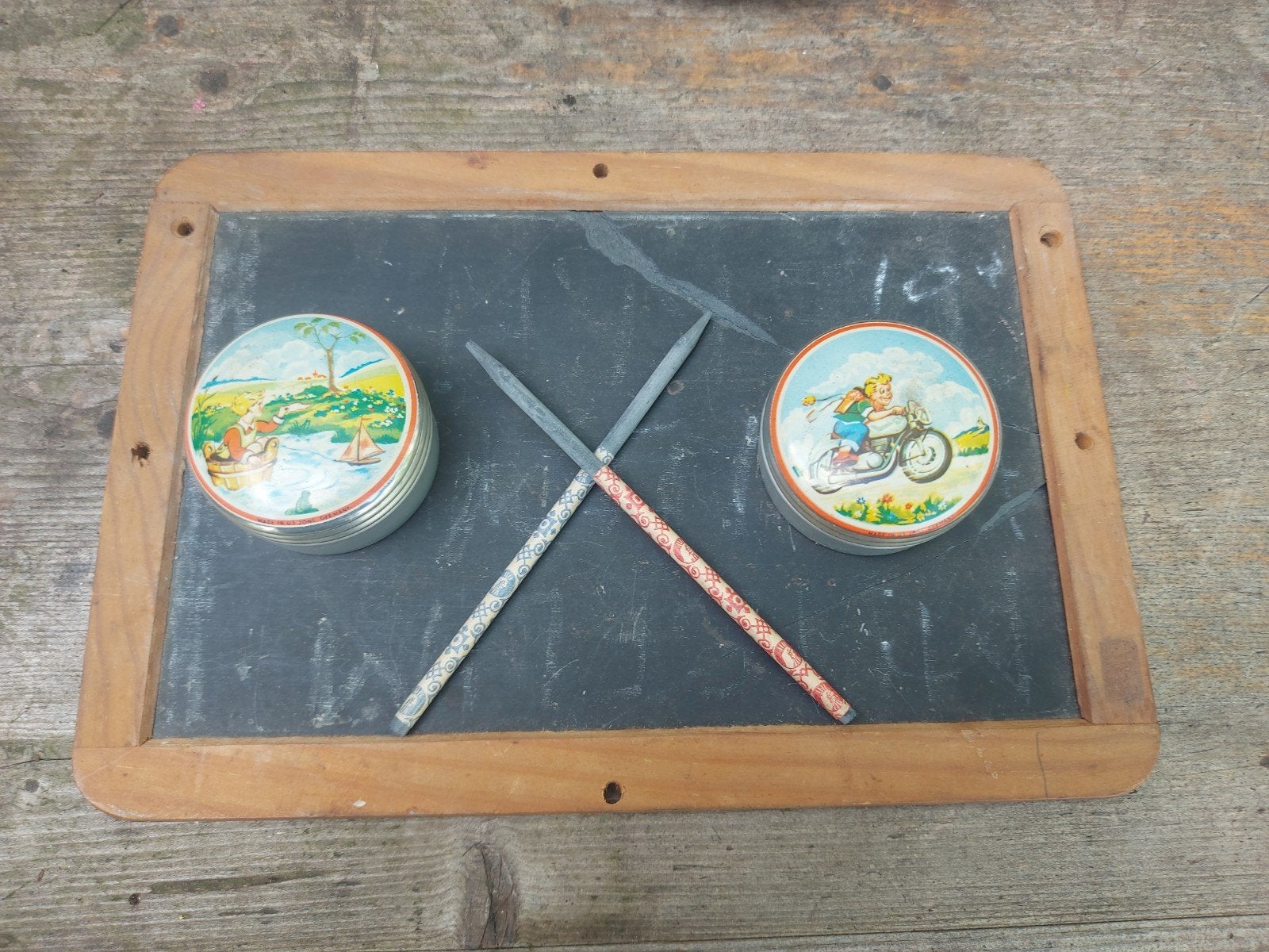 5 x oude school items lesmateriaal sponsendoos,lijtje,griffe, Antiek en Kunst, Ophalen of Verzenden