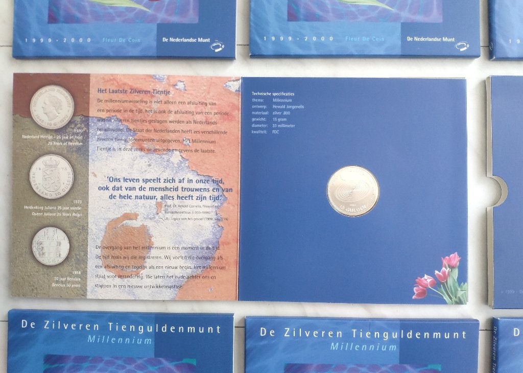 7x De Zilveren Tienguldenmunt Millennium 1999-2000 FDC, Postzegels en Munten, Munten | Nederland, Ophalen, Koningin Beatrix, 10 gulden