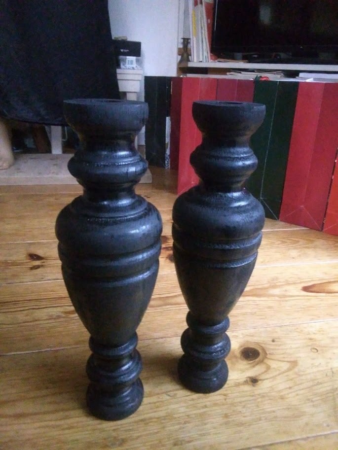 Set kandelaars van gedraaid hout, GRATIS kaarsen!, Zwart, Ophalen of Verzenden, Zo goed als nieuw, Hout