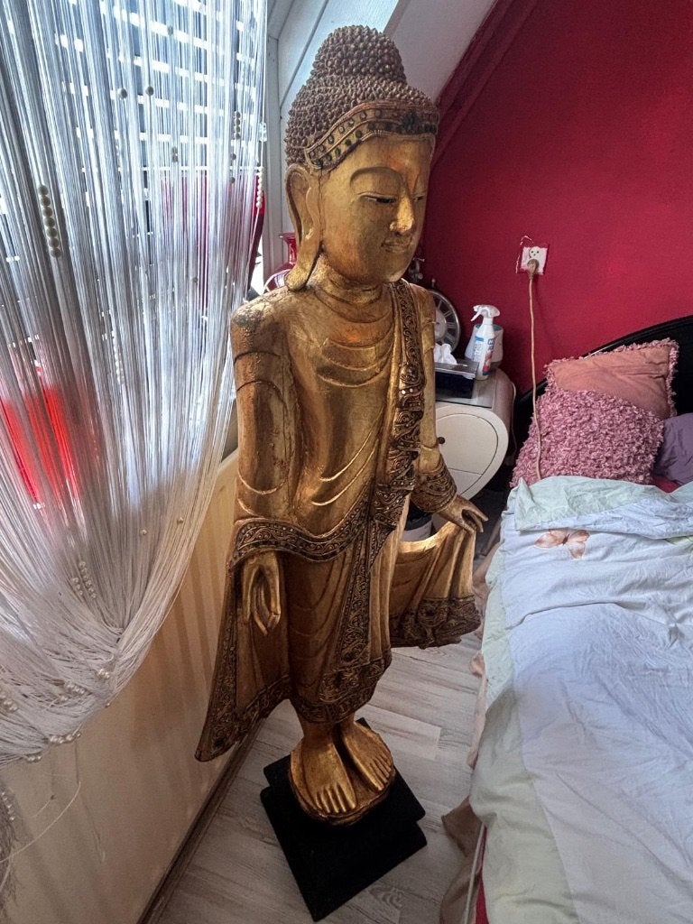 Grote en Prachtige - Houten / Gouden - Buddha Beeld - 140cm, Nieuw, Ophalen of Verzenden, Houtsnijwerk, Goud