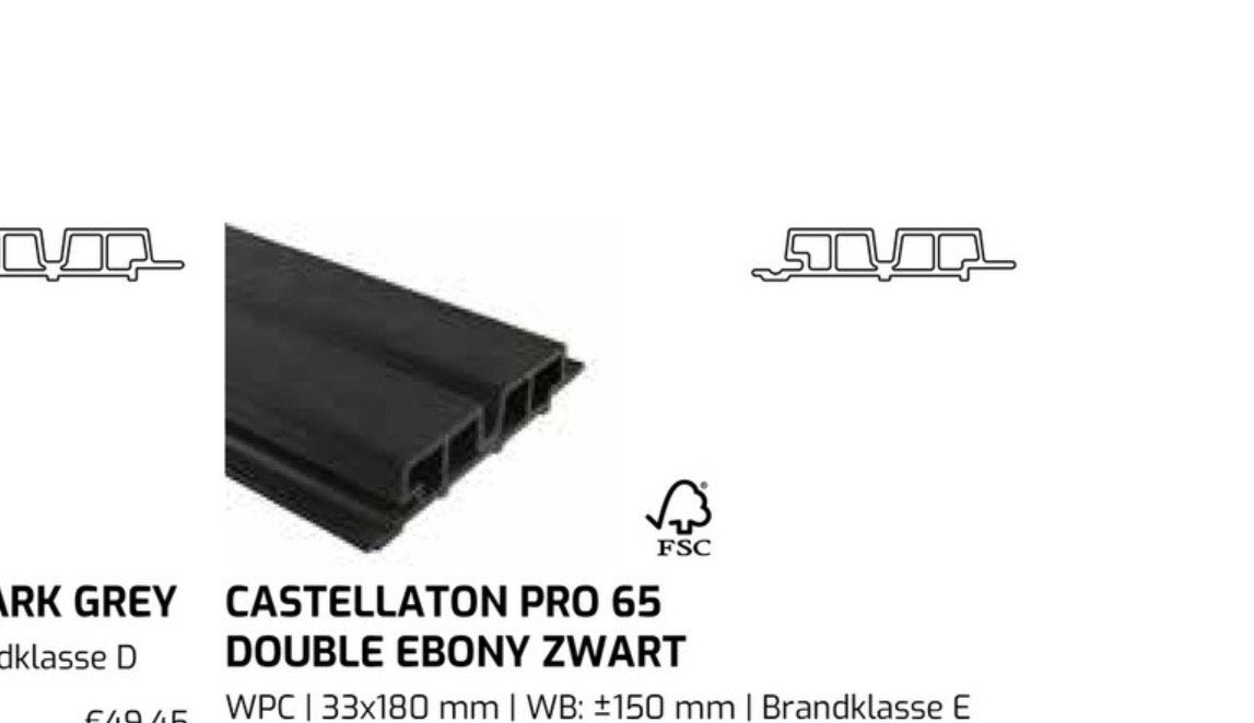 Weo gevel delen CASTELLATON PRO 65 DOUBLE EBONY ZWART WPC, Ophalen, 25 tot 50 mm, Zo goed als nieuw, Plank