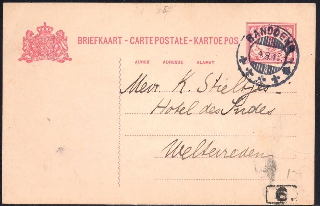 P111 Briefkaart Nederlands Indie Kortebalkstempel Bandoeng, Ophalen of Verzenden, Briefkaart