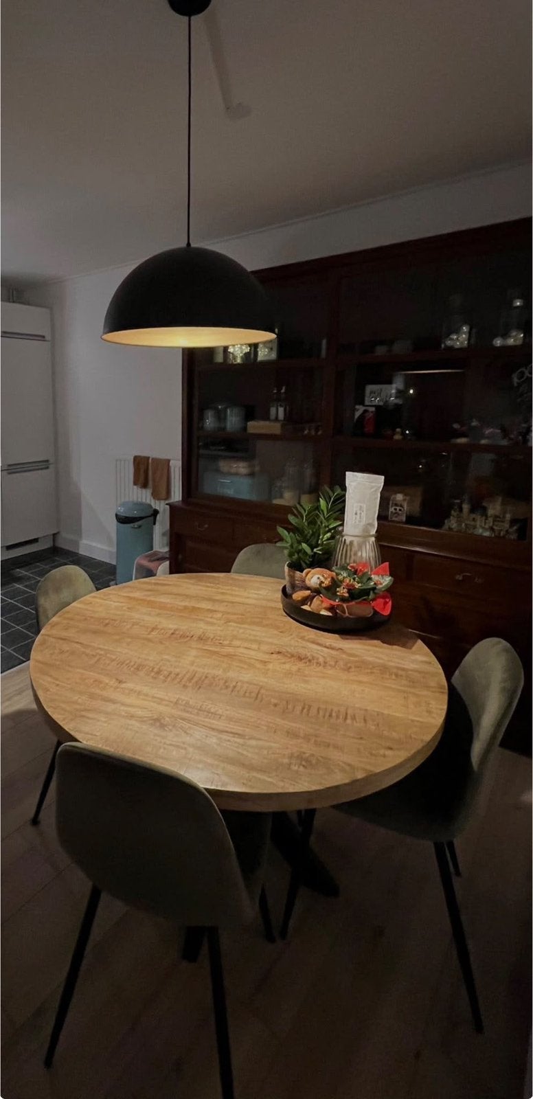 Mangohout ronde tafel, Ophalen, 100 tot 150 cm, Rond, Zo goed als nieuw