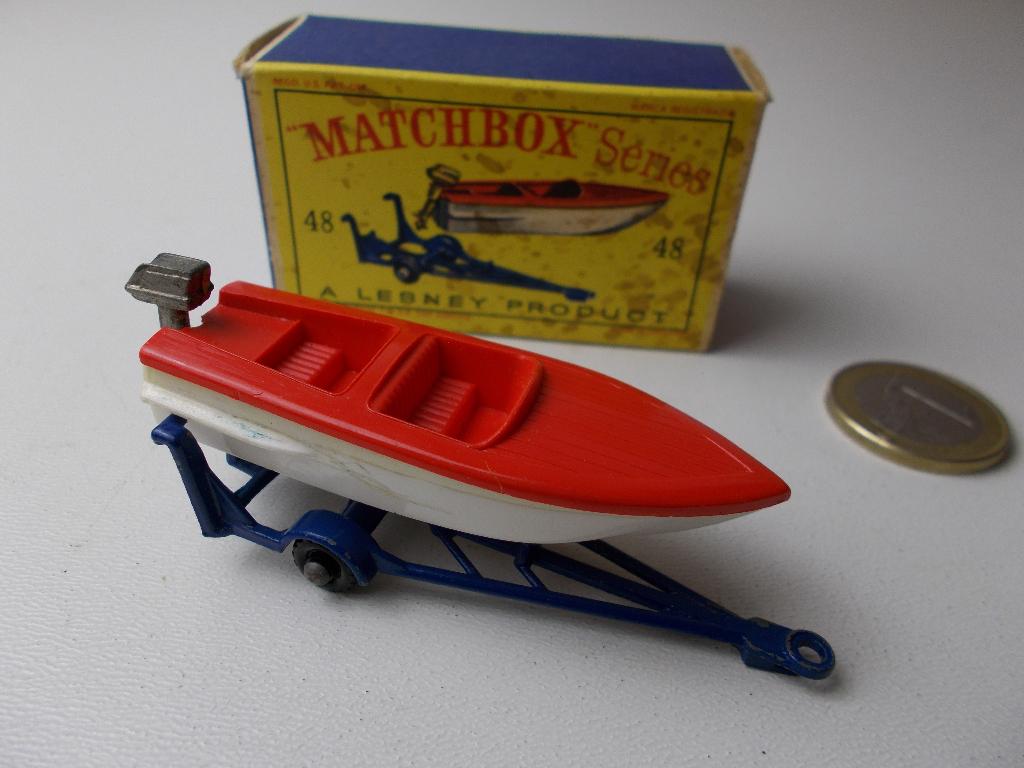 1961 Matchbox Series Lesney Nr. 48B TRAILER + BOAT + DOOSJE!, Hobby en Vrije tijd, Modelauto's | 1:50, Ophalen of Verzenden, Zo goed als nieuw