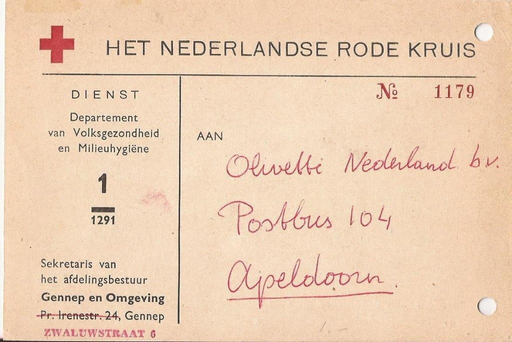 GENNEP Dienstbriefkrt Het Ned. RODE KRUIS secr Zwaluwstr  6, Ophalen of Verzenden, 1940 tot 1960, Gelopen, Limburg