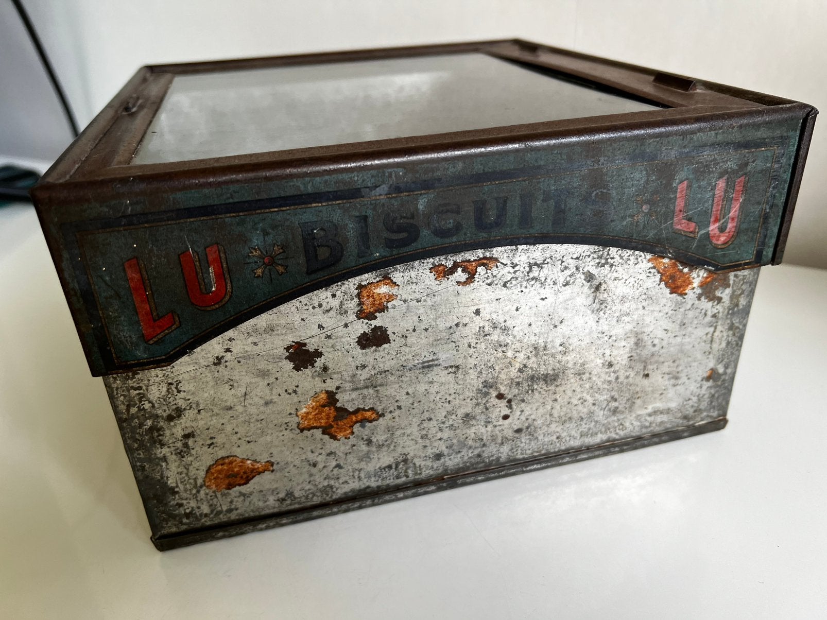 Verkade LU Biscuits Winkel Verzamelblik Glazen Deksel 1949, Ophalen of Verzenden, Gebruikt, Koek(jes), Verkade