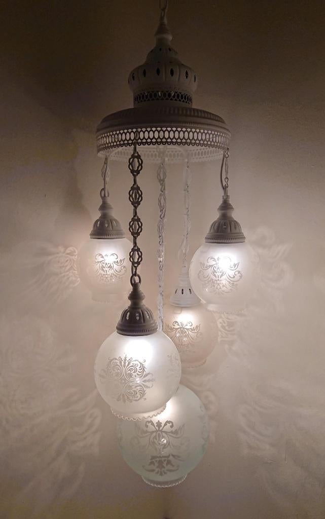 Hanglamp met 5 glazen bollen, Ophalen of Verzenden, Glas, 75 cm of meer, Nieuw