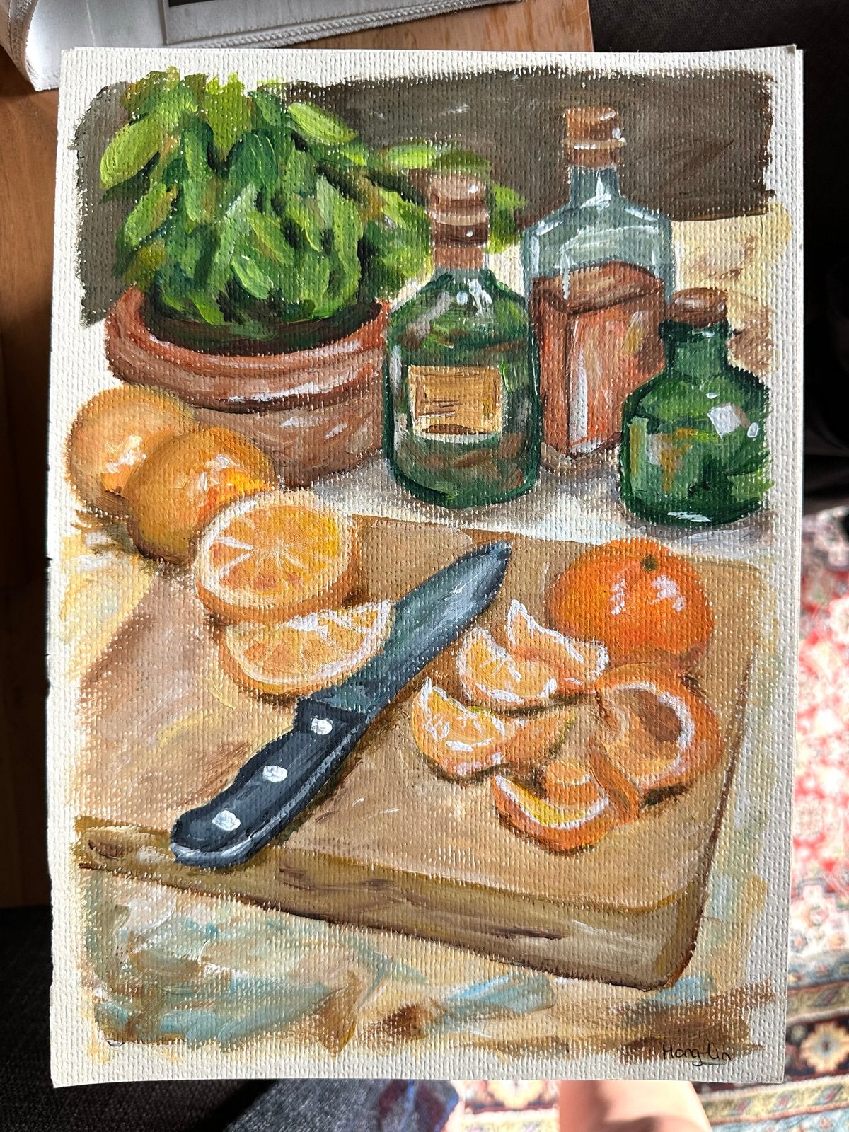 A4 Kunstprint: Stilleven met Citrusvruchten en Flessen, Antiek en Kunst, Realistisch, Stilleven, Ophalen of Verzenden, Print