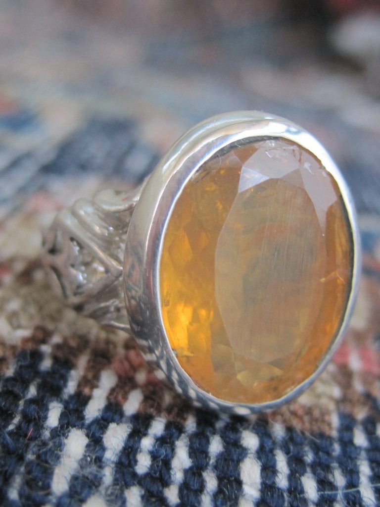 Opaal Mexico 10 krt zeldzaam Art Deco design zilver ring 925, Ophalen, 18 tot 19, Oranje, Zo goed als nieuw