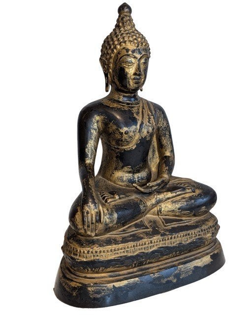 Mandalay Boeddhabeeld van verguld brons – Myanmar, Gebruikt, 37 cm, Ophalen of Verzenden, Goud