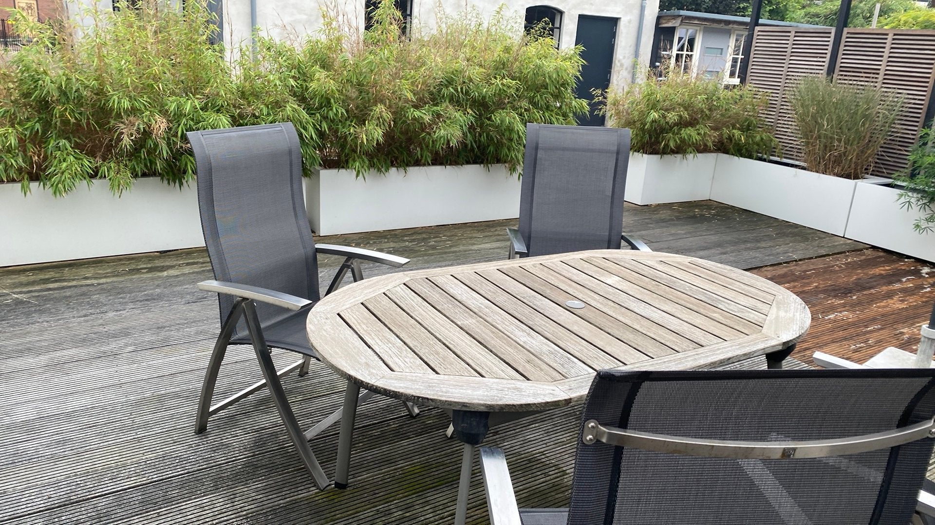 Tuinset 4 stoelen met teak tafel, Ophalen, 4 zitplaatsen, Gebruikt, Rvs