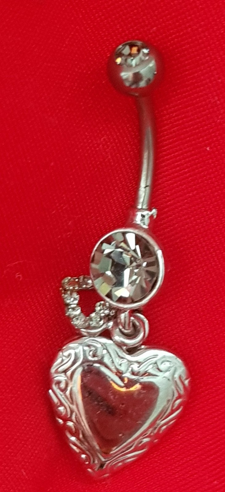Zilver kleur navelpiercing hartvorm strass piercing sieraden, Navelpiercing, Staal, Verzenden, Zo goed als nieuw