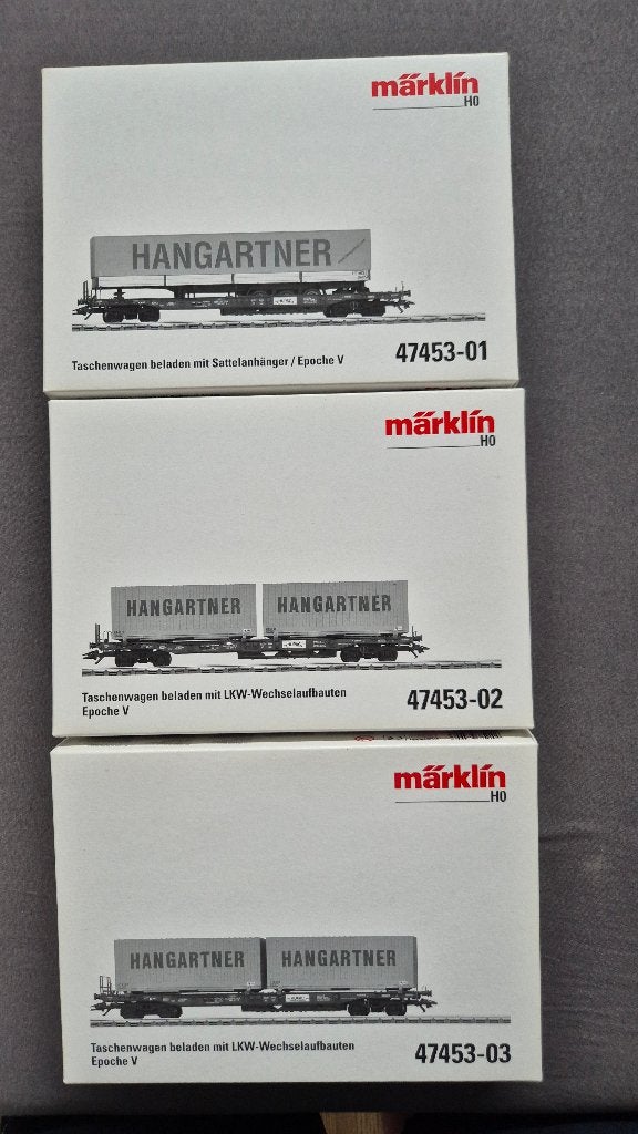 Märklin 47453 H0 Set met 3 draagwagens Hangartner (SBB-CFF), Wisselstroom, Brug, Tunnel of Gebouw, Ophalen of Verzenden, Zo goed als nieuw