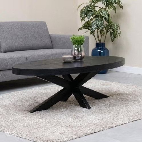Ovale salontafel zwart mangohout - spinpoot, Ophalen, 100 tot 150 cm, Nieuw, 50 tot 100 cm