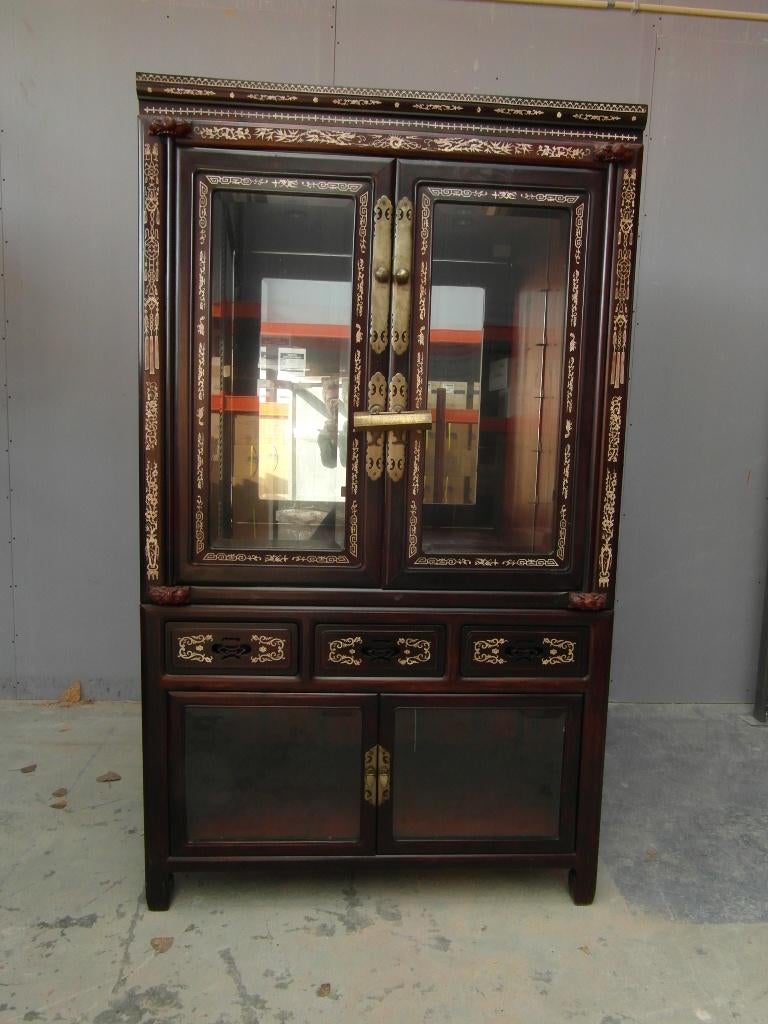 VITRINE KAST CHINEES ANTIEK INGELEGD, Ophalen of Verzenden
